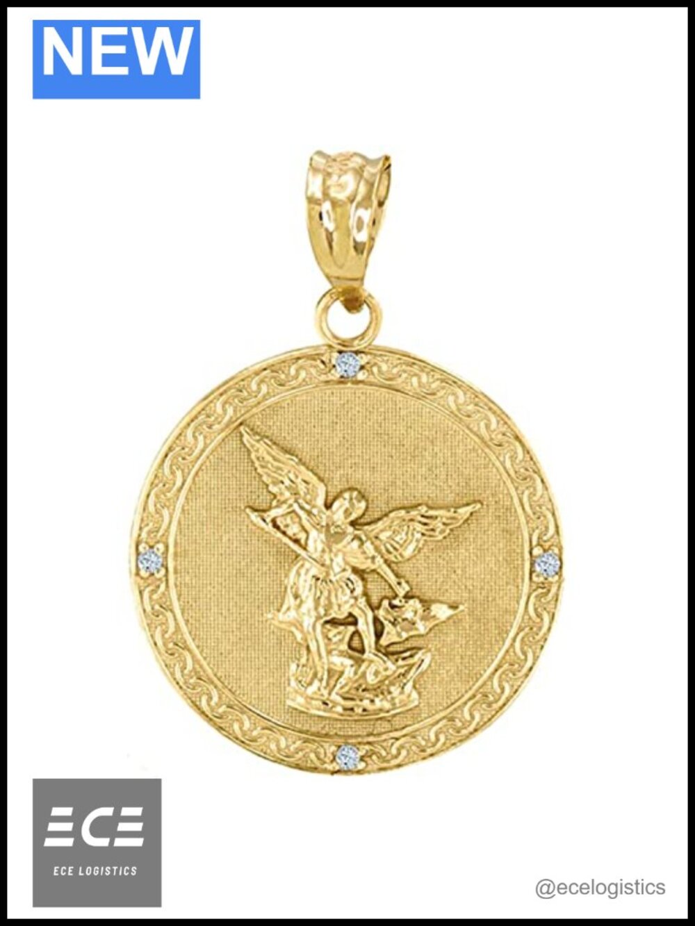 14K Yellow Gold Saint Michael Archangel Diamond Medal Pendant Necklace